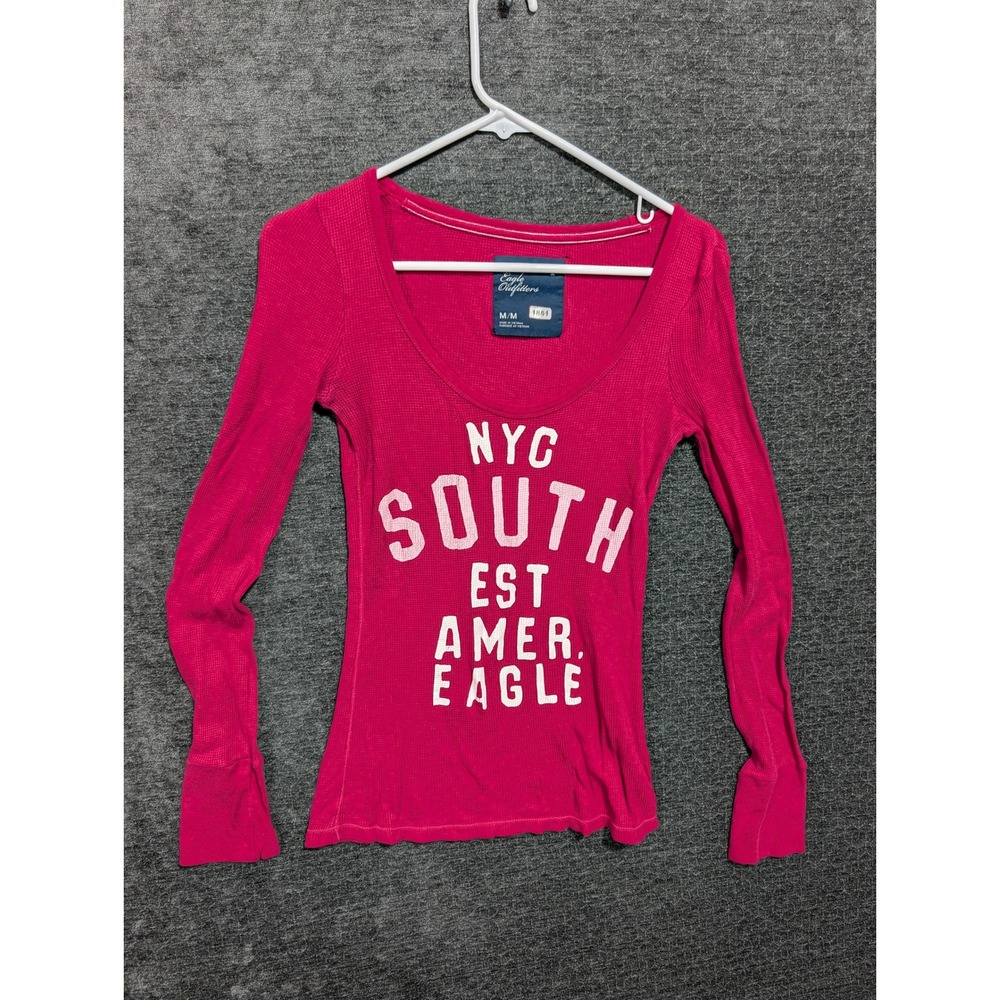 American Eagle Pink Waffle Knit Thermal Graphic Long Sleeve Top NYC South M